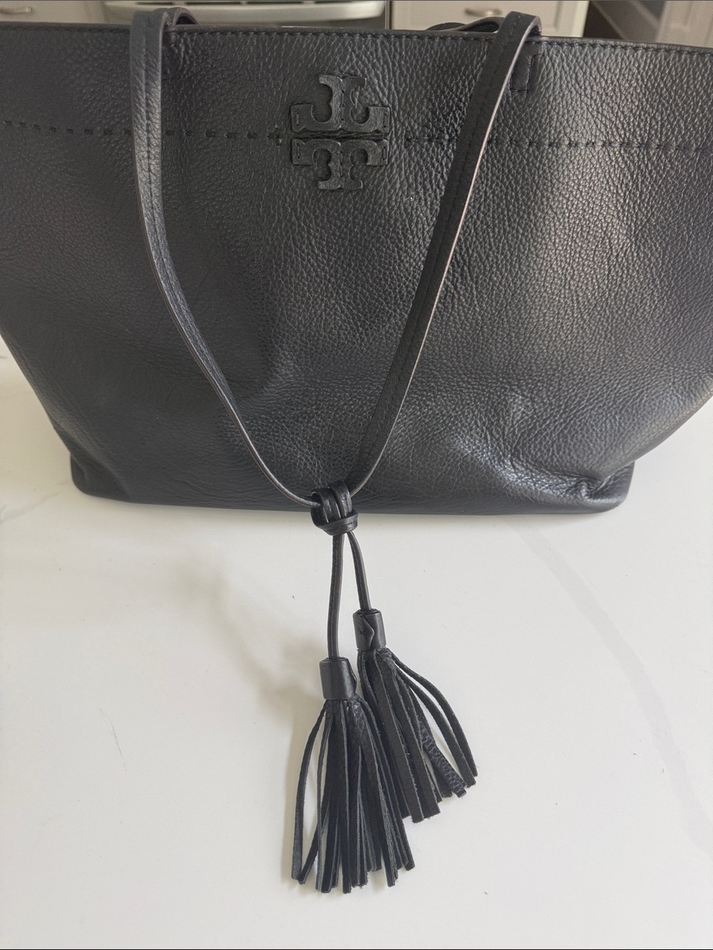 Tory Burch Black Leather Tote with Tassel Detail